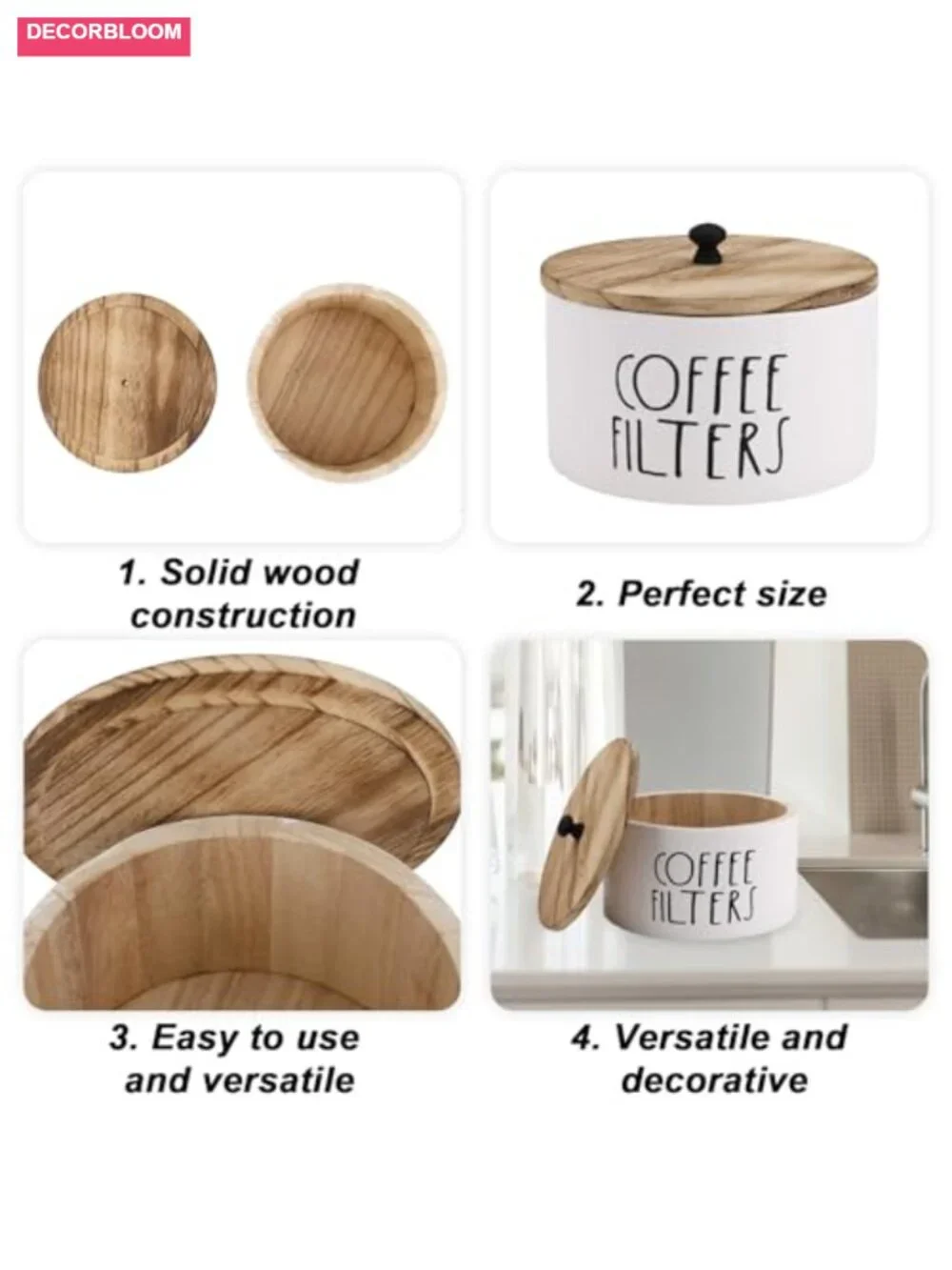 Round Coffee Filter Holder with Lid Wooden Rustic Farmhouse Storage